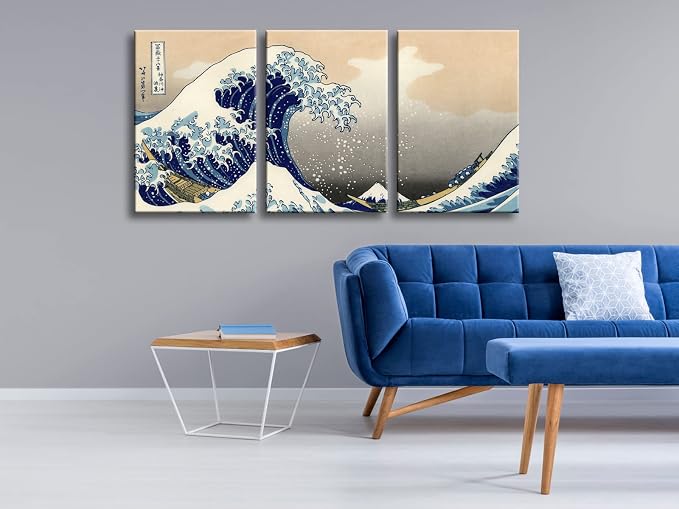Wieco Art Great Wave of Kanagawa Katsushika Hokusai 3 Piece Modern Stretched - Image 2