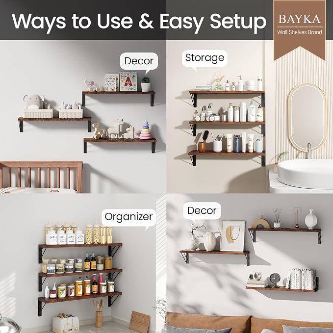 BAYKA 23-in Floating Wall Shelves, Rustic Wood Wall Shelves - Image 4