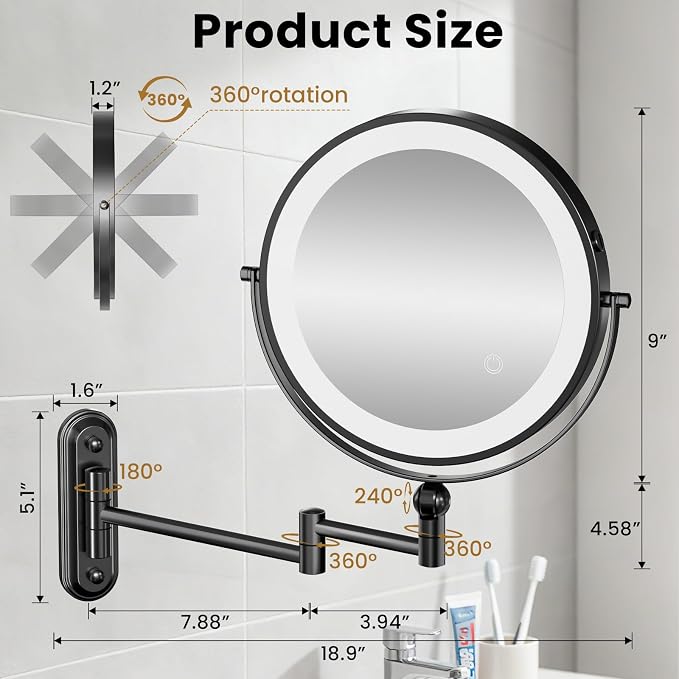 9" Wall Mounted LED Lighted Makeup Vanity Mirror - 4000mAh Rechargeable Double - Image 2
