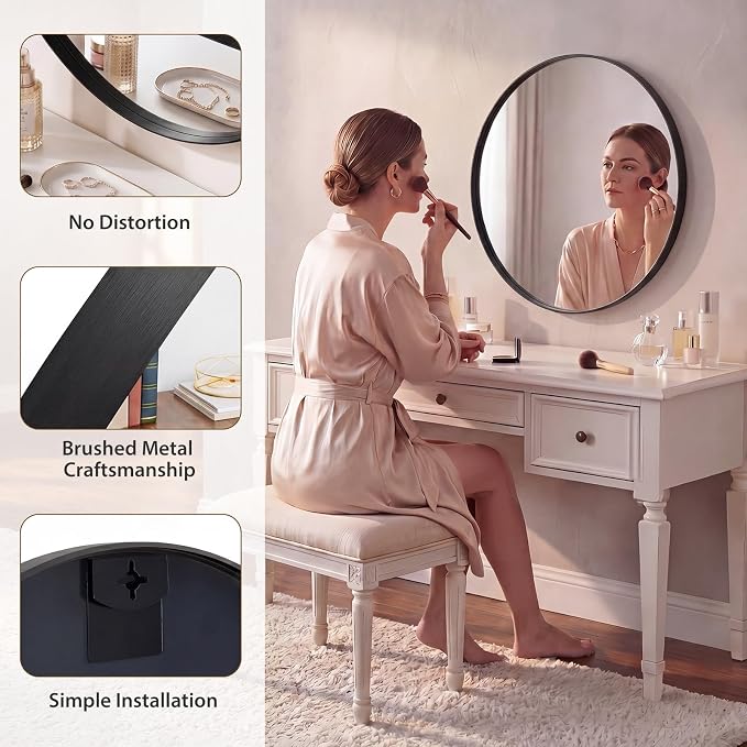 NEWBULIG 24-Inch Round Wall Mirror, Bathroom Wall Circle Mirror - Image 4