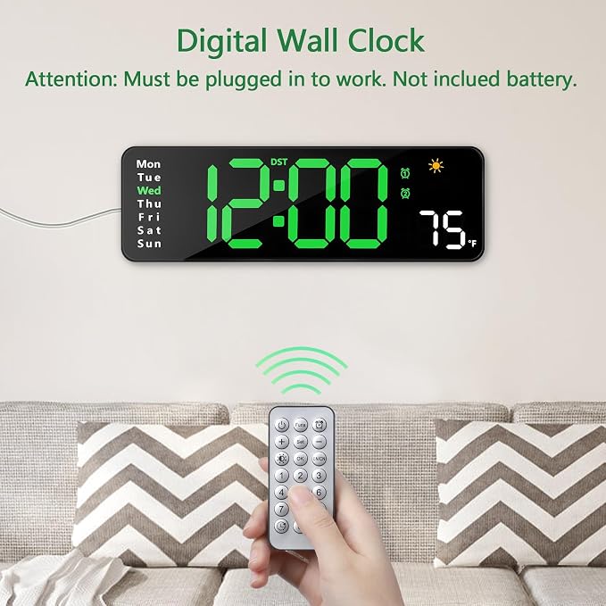Digital Wall Clock with Remote Control, Large Display Plug in LED Digital Alarm - Image 5