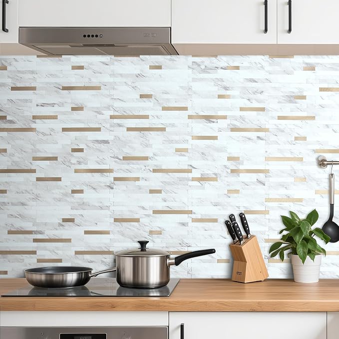 AULIGET 20 Sheets Faux Stone White Marble Peel and Stick Backsplash, PVC Mixed - Image 5