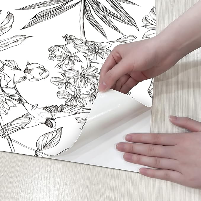 JiffDiff White and Black Wallpaper Peel and Stick Sketched Peony Floral - Image 6