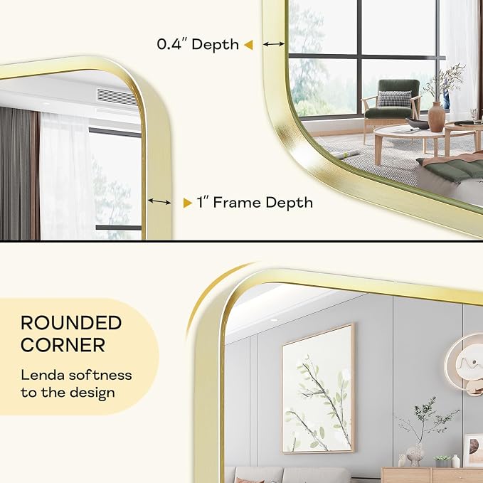Gold Framed Bathroom Mirror, Brushed Gold Bathroom Vanity Wall Mirror, Rounded - Image 5