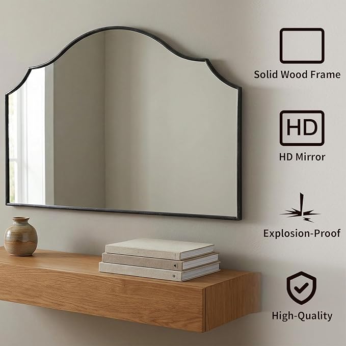 Besdomus Large Scalloped Black Mirror: 47"x31" Modern Minimalist Wood Frame - Image 2