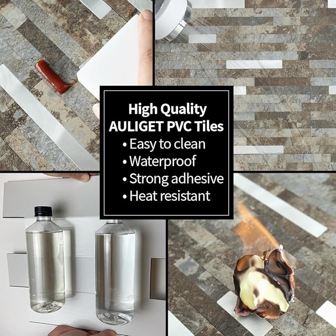 AULIGET 2 Sheets Beige & Brown Slate Peel and Stick Backsplash, PVC Mixed Metal - Image 5