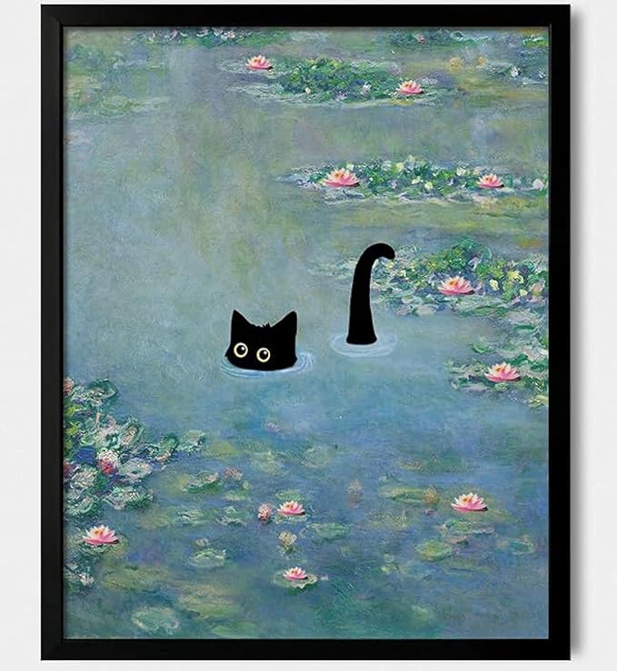Hamduker Funny Black Cat Wall Art, Monet Art Water Lily Cat Wall Art Decor by Unknown