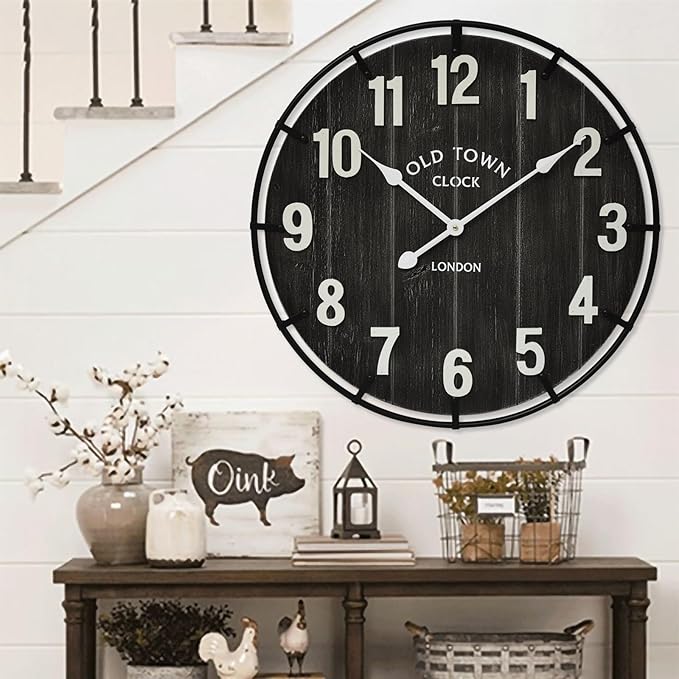EMAX HOME Large Old Town Farmhouse Black Wall Clock 24 Inch Rustic Antique Wood - Image 2