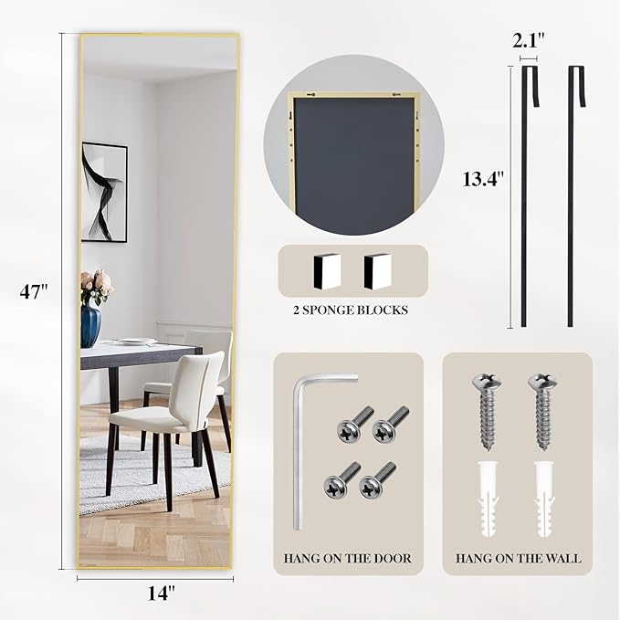 DUMOS 47x14 Full Length Mirror Over the Door, Wall Mounted Full Body Mirror - Image 2