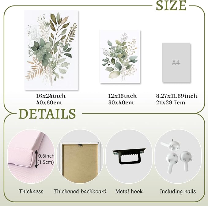 LLEEMPI Framed Sage Green Wall Art Set of 3, Modern Watercolor Botanical Wall - Image 7