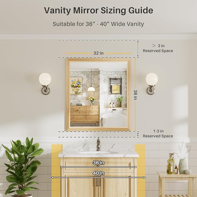 36x32 Inch Bathroom Mirror for Wall, Anti-Rust Oak Wood Grain Metal Framed - Image 2