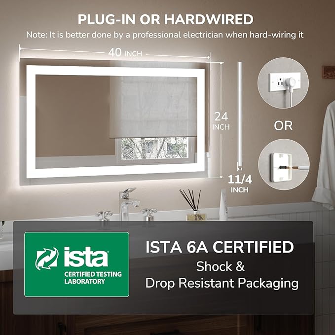 USHOWER LED Bathroom Mirror 40x24 Inch Tempered Glass - Image 7