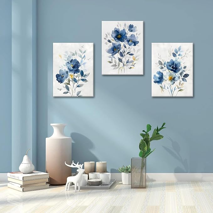 KISSFOX Framed Colorful Wildflower Blue Canvas Wall Art Set Of 3 Flowers - Image 3