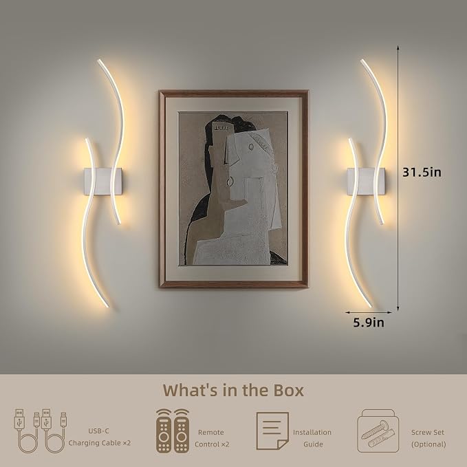 Battery Operated Wall Sconce Set of 2, Dimmable Modern LED Rechargeable Wall - Image 6