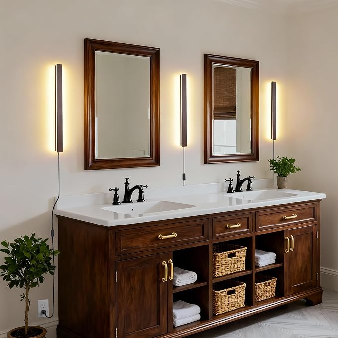 Farmhouse Plug in Wall Sconces, 23.6 inch Faux Walnut Finish LED Long Wall - Image 9