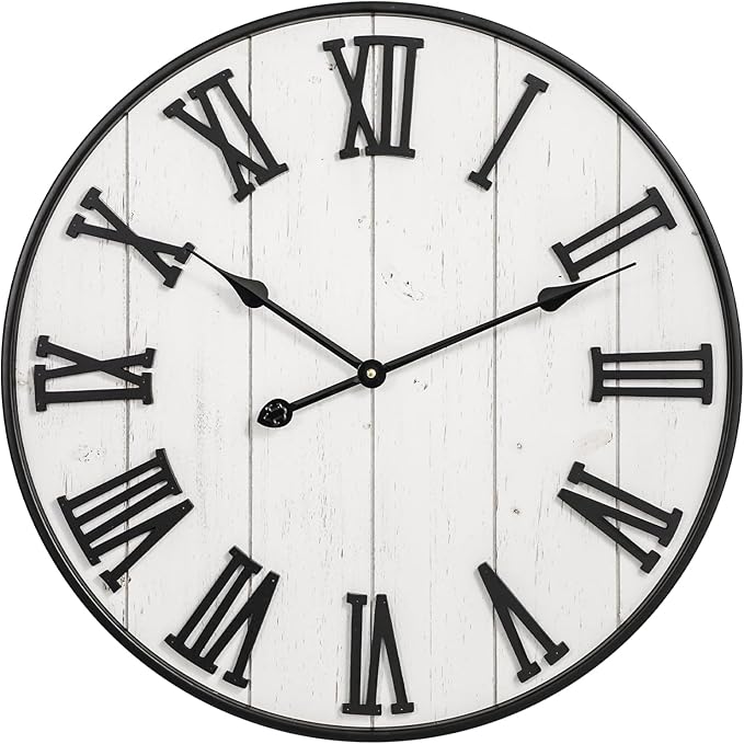 Large Rustic Wooden Wall Clock, 24 Inch Whitewashed Farmhouse Wall Clock by MACVAD