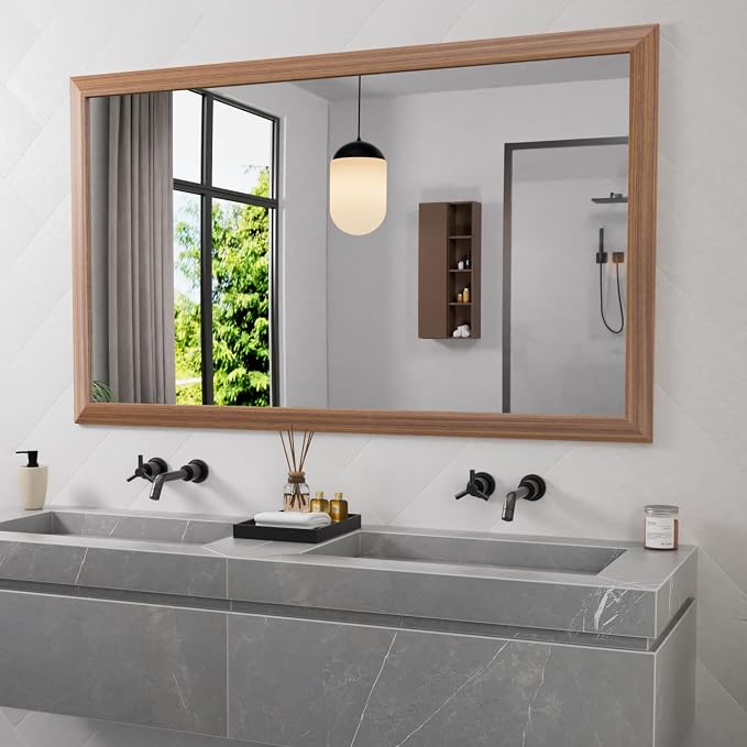 Amorho Bathroom Mirror, 60 X36 Inch Wall Mirror, Walnut Wood Grain Metal Framed by Amorho