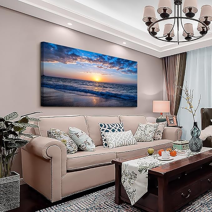 Wapluam Large Canvas Wall Art Sunset Beach Painting Picture Print on Canvas - Image 2