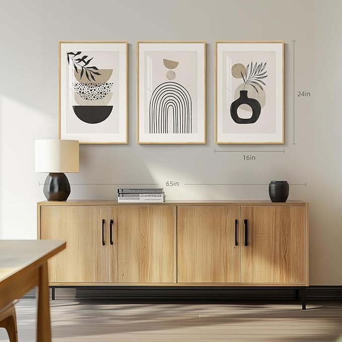 Framed Neutral Boho Wall Art Bedroom, 3 Piece Beige Mid Century Modern - Image 3