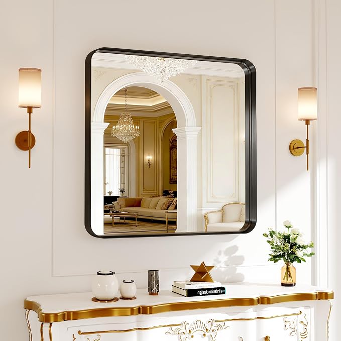 Bathroom Mirror for Wall, 30 Inch Square Mirror, Matte Black Metal Framed - Image 8