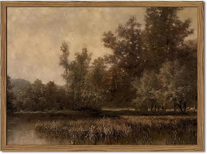 Framed Vintage Landscape Canvas Wall Art, Rustic Forest Lake Wall Decor by Unknown