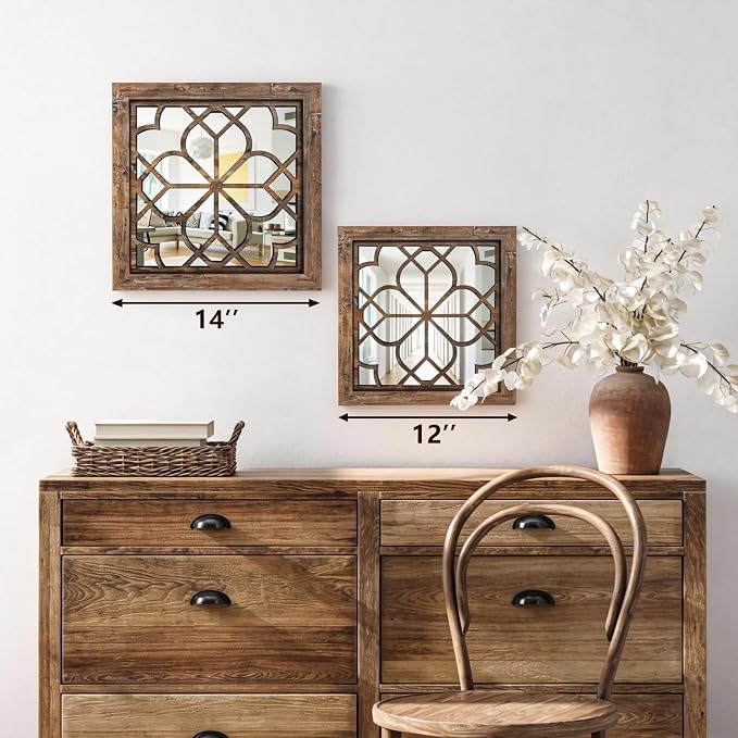 Set of 4 14 Inch Square Redbrown Window Pane Wall Mirrors, Shatterproof Rustic - Image 5