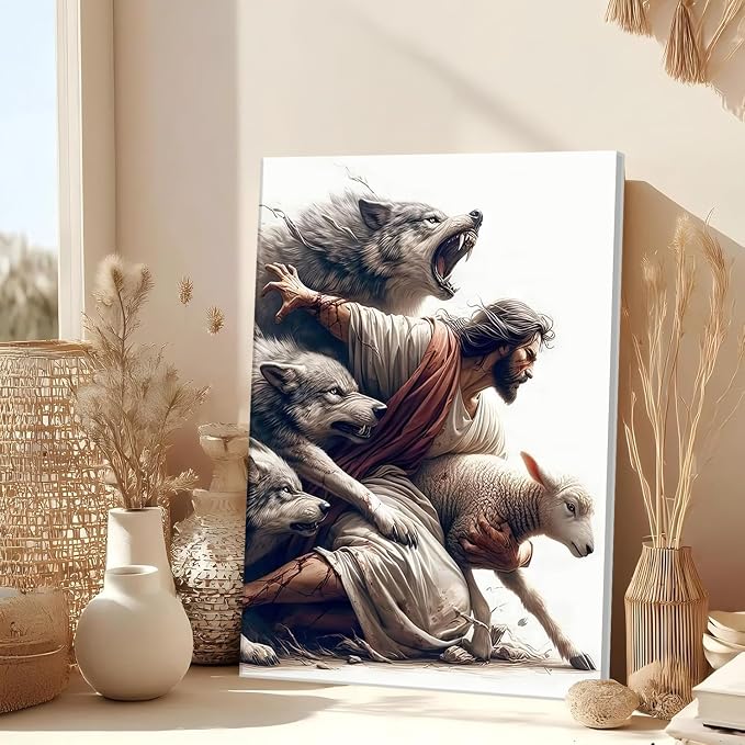 Jesus Canvas Wall Art Christian Jesus Saves the Lost Sheep Wall Decor Picture - Image 5