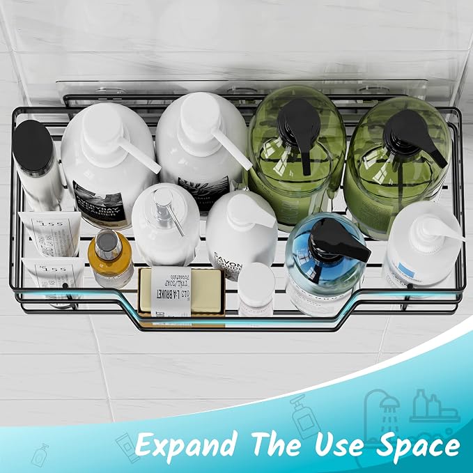 Moforoco Shower Caddy Shelf Organizer Rack, Self Adhesive Black Bathroom - Image 2