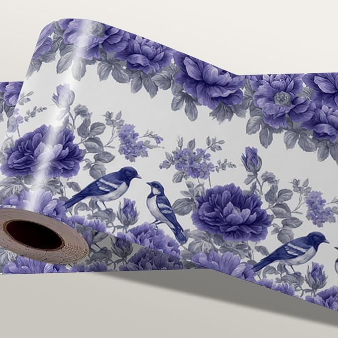 Blue Purple Floral Bird Wallpaper Border 196x4 Inch Peel and Stick Wall Border by IOHEFY