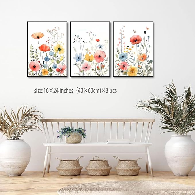 KISSFOX Framed Colorful Wildflower Canvas Wall Art Set Of 3 Flowers Pictures - Image 2