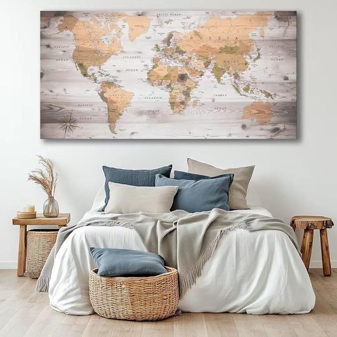 Large Wall Art grey map of The World Painting Ready to Hang 29"x58"Large Framed - Image 2