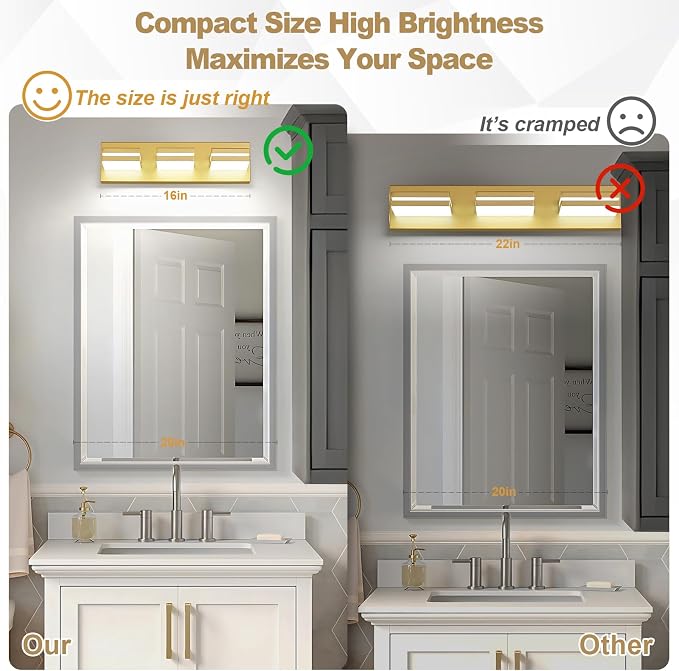 Modern LED Small Bathroom Lights Fixtures 3-Light, Metal Gold Acrylic Wall - Image 3