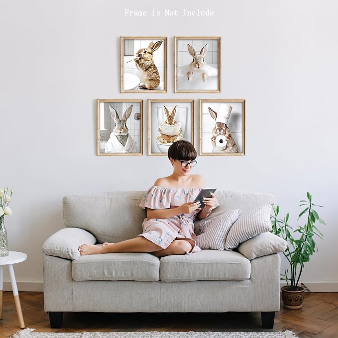 Vodefoad Funny Bunny Bathroom Wall Art 5pcs Bundle Easter Rabbit Posters Animal - Image 7