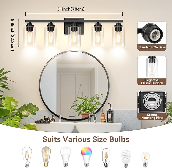5-Light Matte Black Bathroom Light Fixtures, Bathroom Vanity Lights Over Mirror - Image 8