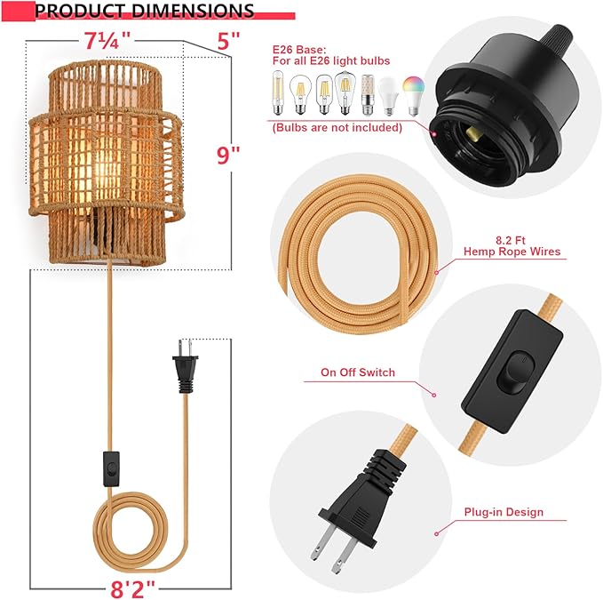Plug-in Boho Wall Sconces Set of 2, Handwoven Rattan Wall Lights - Image 2
