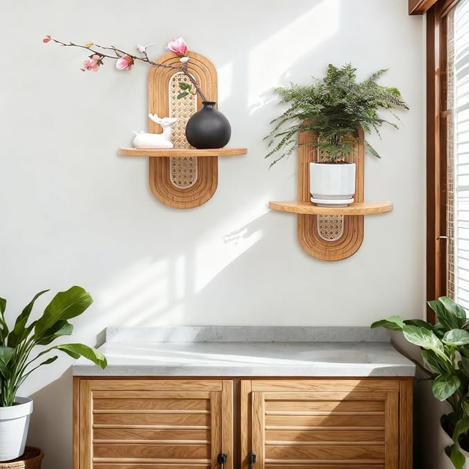 Floating Shelves for Wall, Boho Home Wall Decor, Rattan Plant Shelf Set of 2 - Image 6
