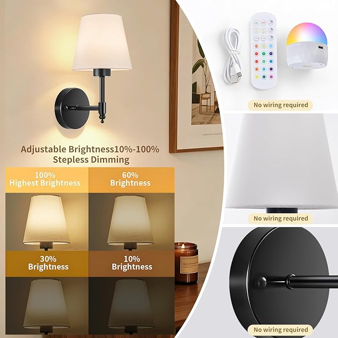 Battery Operated Wall Sconces Set of Two, Rechargeable Wireless Wall Lights - Image 4