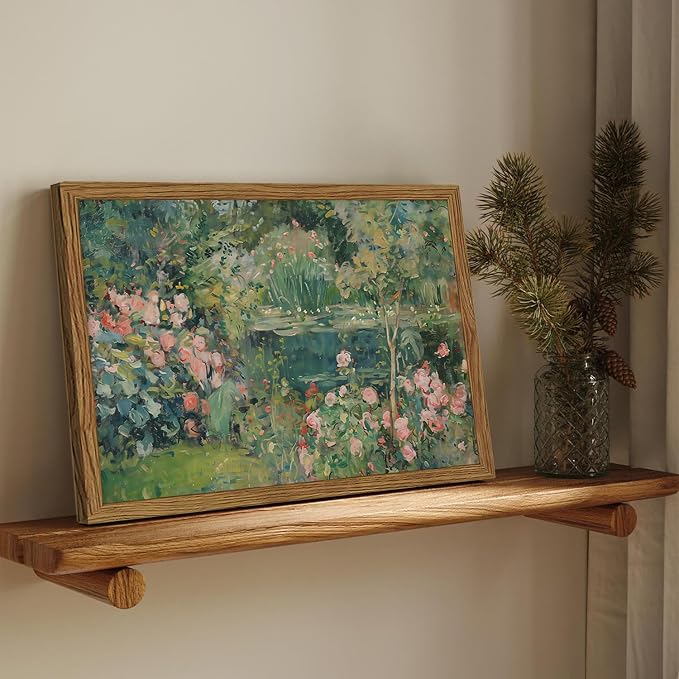 Framed Vintage Floral Landscape Canvas Wall Art, Rose Garden Pond Wall Decor - Image 2