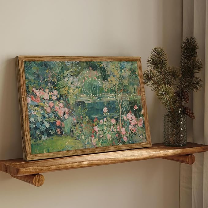 Framed Vintage Floral Landscape Canvas Wall Art, Rose Garden Pond Wall Decor - Image 2