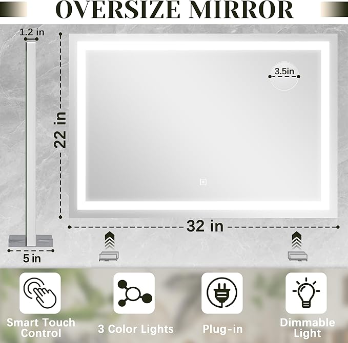 ROLOVE 32x 22 Inch Large Lighted Vanity Mirror - Image 2