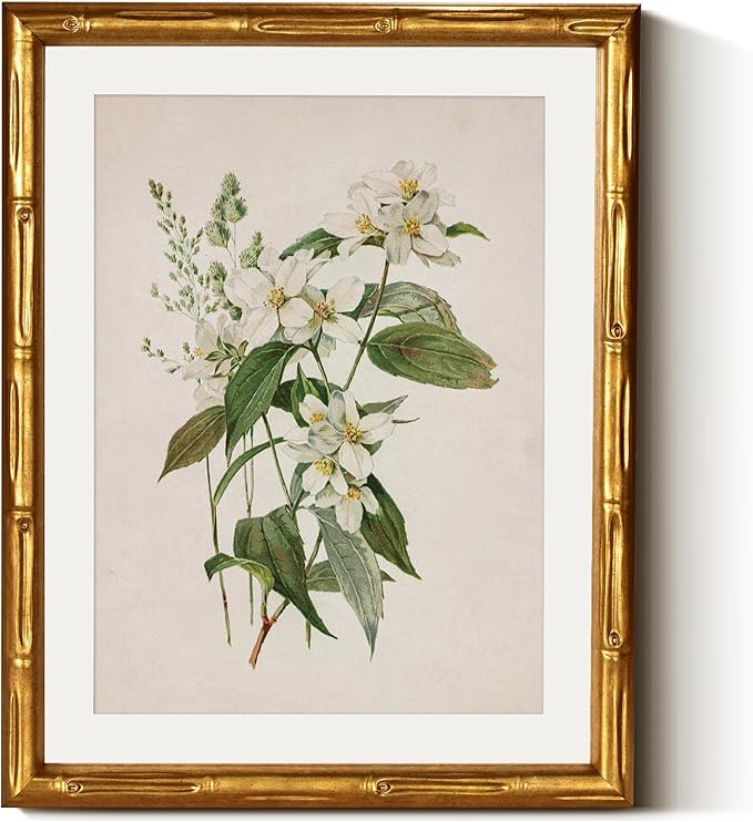 InSimSea Gold Bamboo Framed Canvas Wall Art, Neutral Floral Botanical Paintings by InSimSeaArt
