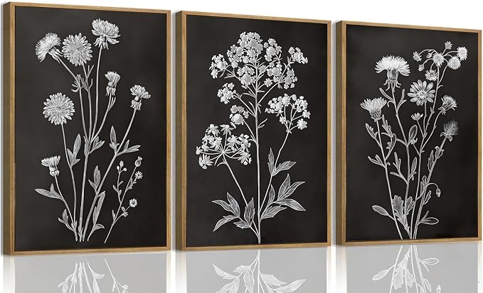 KISSFOX Framed Floral Botanical Canvas Wall Art Vintage Black Background Plant by KISSFOX