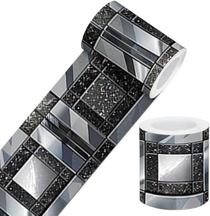 IVN Wallpaper Border Peel and Stick Wall Black and Silver Mosaic Decorative by IVN