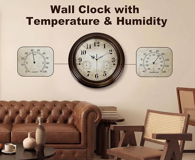 Vintage Wall Clock 13 Inch Quartz Silent Non-Ticking Analog Clock - Image 2