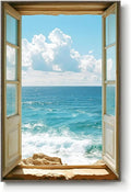 Framed Window Beach Scene Wall Art, Summer Seascape Wave Artworks by MXART