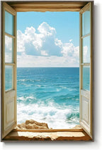 Framed Window Beach Scene Wall Art, Summer Seascape Wave Artworks by MXART