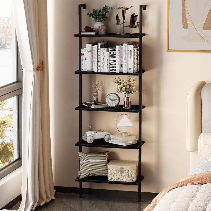 aboxoo Ladder Shelf 2PCS Open Bookshelf 5-Tier Wood Wall-Mounted Black Bookcase - Image 2