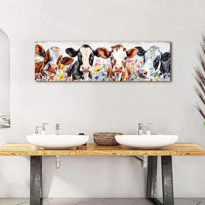Country Cow Canvas Wall Art Kitchen Wall Decor Vintage Funny Cattle Flowers - Image 2