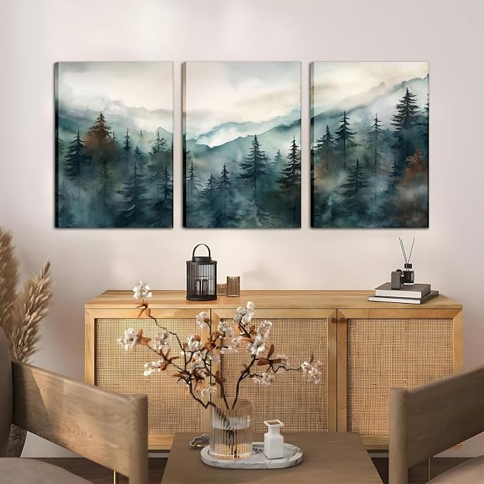 AKWISH Framed Green Forest Canvas Wall Art Set of 3, Boho Misty Watercolor Pine - Image 4
