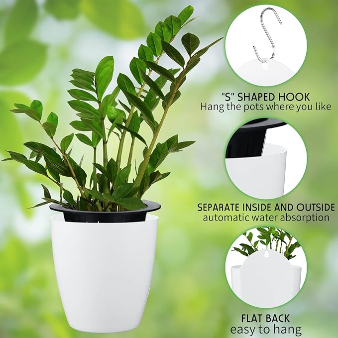 Yungyan 10 Sets 5" Self Watering Hanging Planter White Lazy Flower Pots Plastic - Image 4
